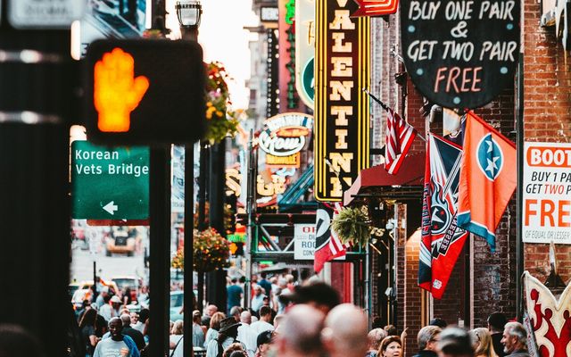 Neon honky-tonk signs along Lower Broadway in Nashville